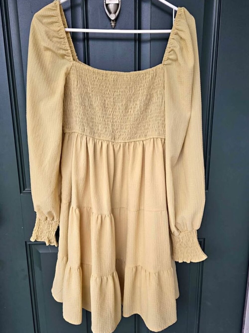 Light Mustard Yellow Smocked Square Neck Tiered Babydoll Mini Dress L